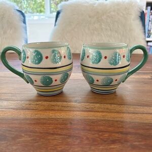 Anthropologie Spongeware Green Dots & Rings Barista Coffee Mugs - PAIR